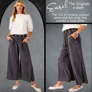 EASEL "The Originals" Mineral Washed Wide Leg Drawstring Pants Pockets Raw Hems